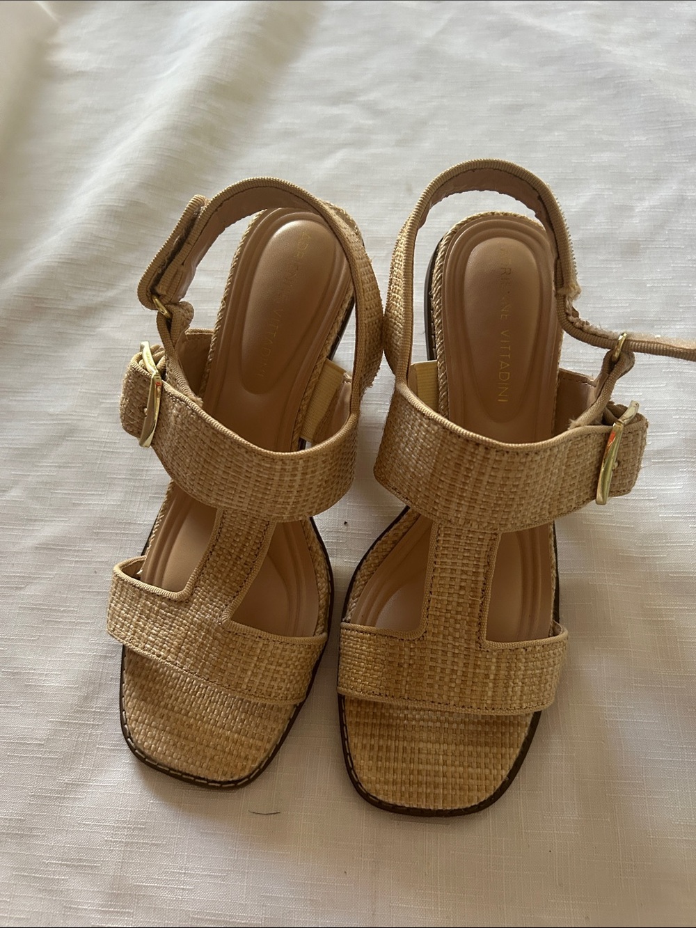 Adrienne Vittadini Tan Woven Platform Sandals with Ankle Strap